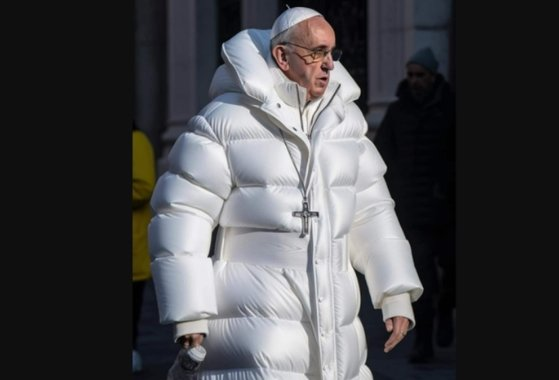 프란치스코 교황이 흰색 롱패딩을 입고 산책하는 모습을 담은 이 사진은 이미지 생성 AI인 ‘미드저니’가 만든 가짜다. 미국 온라인 커뮤니티 레딧 캡처