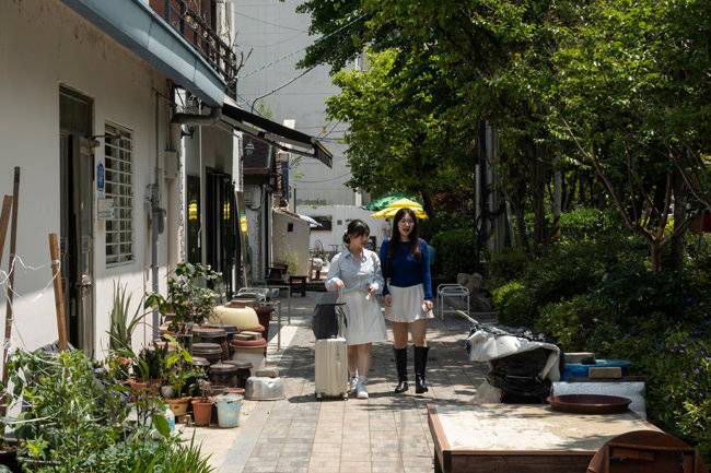 숲길 옆을 걷는 사람들.