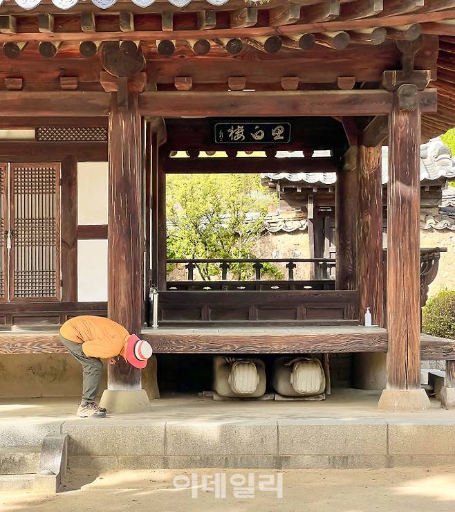 수백당 대청마루 아래 누워 있는 문인석