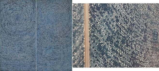 김환기의 ‘5-Ⅳ-71 #200’(1971, 254×254㎝, 캔버스에 유채, 개인 소장, 일명 ‘우주’, 왼쪽)과 작품 속 점들의 세부 모습. ⓒWhanki Foundation·Whanki Museum. 호암미술관, 도재기 선임기자