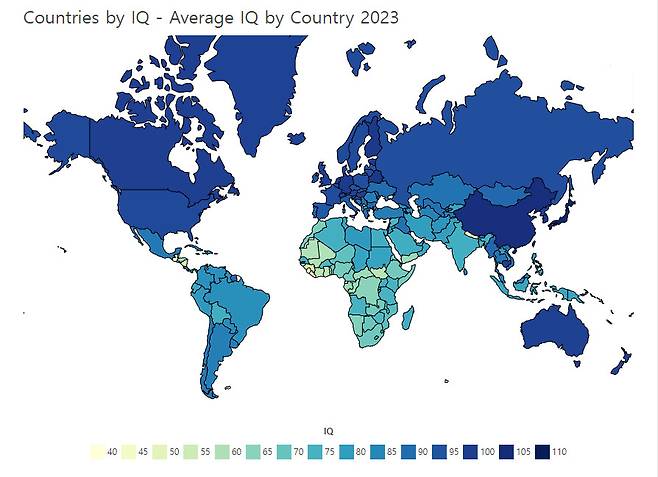 색이 진할 수록 평균 IQ가 높은 지역이다. [세계인구리뷰 사이트 갈무리]