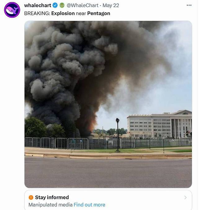 트위터에 올라온 펜타곤 화재 사진, 출처=WhaleChart