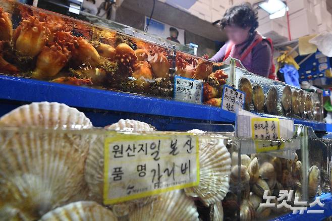 수산시장에 상인들이 수산물을 판매하고 있다. 류영주 기자