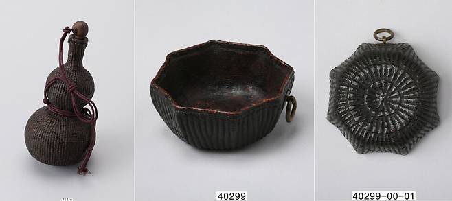 종이를 이용해 만든 다양한 공예품들. 왼쪽부터 지승 술병, 팔각표자, 합환주 술잔. 출처 국립민속박물관. 푸른역사 제공