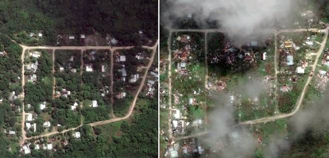미국의 우주기술 회사인 MAXAR이 공개한 태풍 '마와르' 전후 괌 데데도 지역 위성 사진./로이터