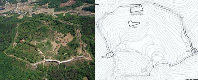 서쪽 상공에서 내려다본 삼년산성 전경과 중요 유구 위치도. 중원문화재연구원