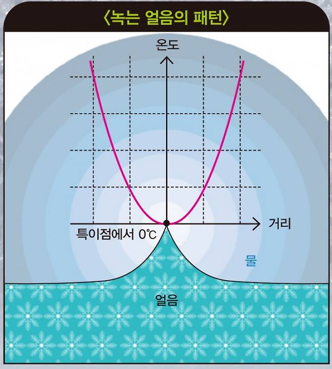 녹는 얼음의 패턴 - 카파렐리 교수는 슈테판이 고안한 PDE에 특이점이 있다는 것을 증명했다. 특이점은 얼음에 있으며, 물로 둘러싸여 있다. 그 특이점에서의 온도가 0℃이고, 특이점에서 멀어질수록 온도가 규칙적으로 오르는 이차함수 그래프를 따른다는 것을 밝힌 것이다.