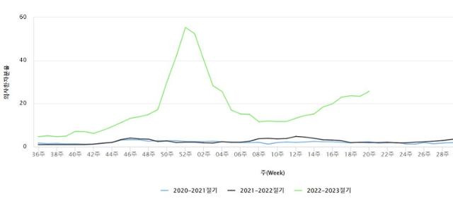 코로나19 사태(2020~2022년 절기)와 2022~2023년 절기 인플루엔자 외래환자 1,000명당 의심 증상을 보이는 환자 수(의사환자 분율). 녹색이 이번 절기(2022~2023년) 의사환자 분율이며, 하늘색과 검은색이 각각 2020~2021년, 2021~2022년 절기다. 질병관리청 제공