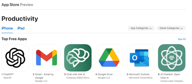 챗GPT앱은 애플 앱스토어 생산성 카테고리에서 1등을 기록했다. 앱스토어 캡처