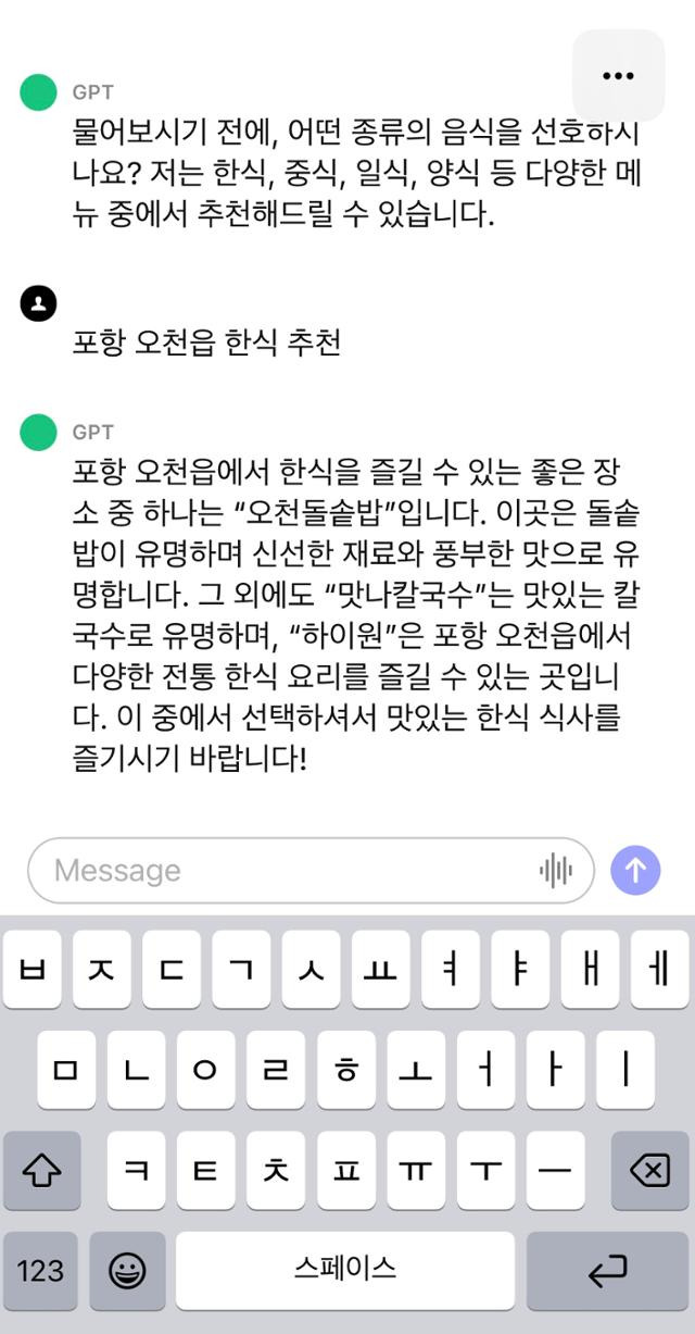 챗GPT앱을 이용해 점심메뉴를 추천해달라고 하자 더 구체적으로 이용자가 선호하는 음식을 되묻는 모습. 독자 제공