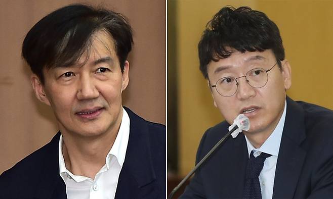 조국 전 법무부 장관(왼쪽)과 국민의힘 김웅 국회의원. 뉴시스·연합뉴스