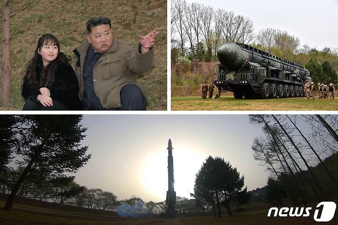 (평양 노동신문=뉴스1) = 북한은 13일 김정은 노동당 총비서 지도 하에 고체연료를 사용한 새로운 대륙간탄도미사일(ICBM) '화성포-18형(화성-18형)'을 발사했다고 14일 당 기관지 노동신문이 보도했다. 신문은 김 총비서가 딸 김주애와 함께 발사 현장을 찾은 사진도 공개했다. [국내에서만 사용가능. 재배포 금지. DB 금지. For Use Only in the Republic of Korea. Redistribution Prohibited] rodongphoto@news1.kr