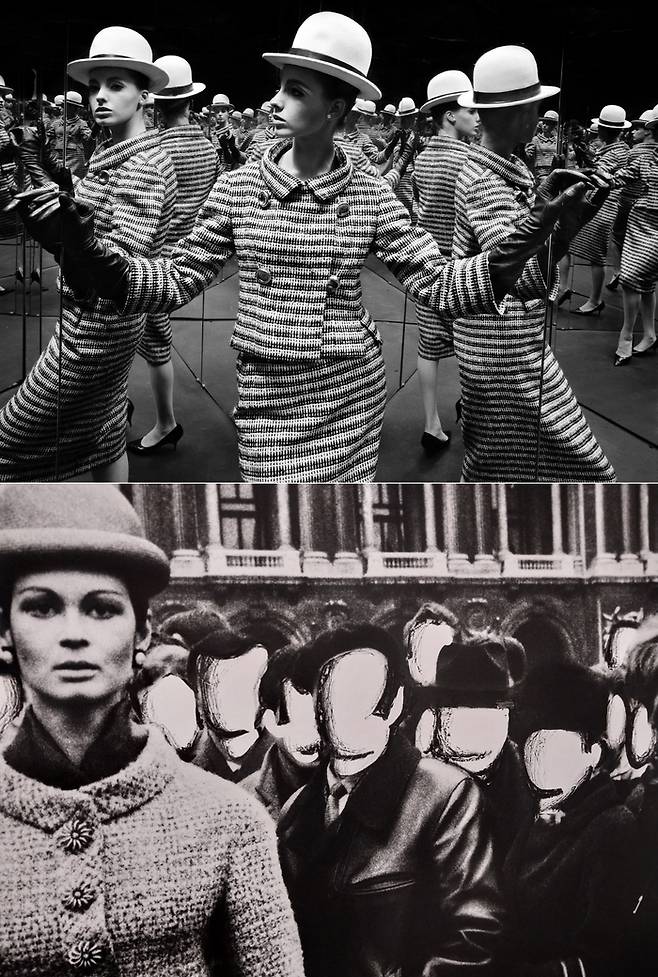 윌리엄 클라인이 패션지 <보그>와 협업한 당시의 ‘Antonia and mirrors, Paris for Vogue, 위쪽’와 인물들의 얼굴을 지운 작품의 세부. ⓒEstate of William Klein. 한미뮤지엄 제공, 도재기 선임기자