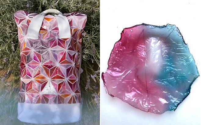 3월의 장미, 4월의 데이지, 5월의 블루벨, 6월의 금잔화를 섞어 만든 바이오 플라스틱(오른쪽)과 바이오플라스틱 스팽글로 리사이클링 한 아디다스 가방. [앨리스 포츠 인스타그램]