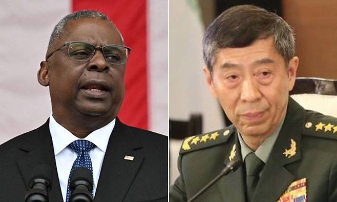 로이드 오스틴(왼쪽) 미국 국방장관과 리상푸 중국 국방부장. ⓒ AFP·AP/연합뉴스