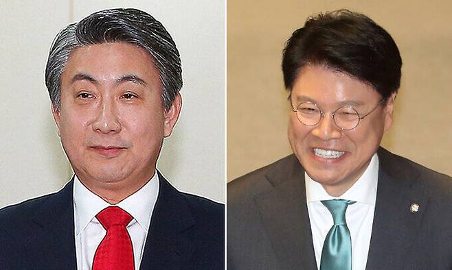 이동관 대통령실 대외협력특보(왼쪽), 장제원 신임 과학기술정보방송통신위원장