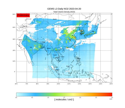 정지궤도 환경위성이 관측한 4월 20일 아시아 이산화질소 일평균 농도. [국립환경과학원 제공. 재판매 및 DB 금지]