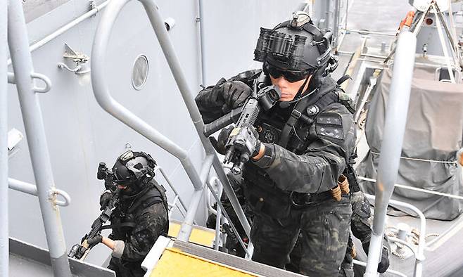 해경특공대가 WMD를 적재한 것으로 의심되는 선박을 수색하고 있다. 해군 제공