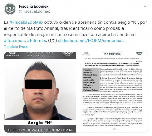 멕시코에서 끓는 기름에 개를 넣어 죽인 남성에게 체포 영장 발부 사실을 알리는 검찰. 사진=멕시코주 검찰청 트위터 갈무리