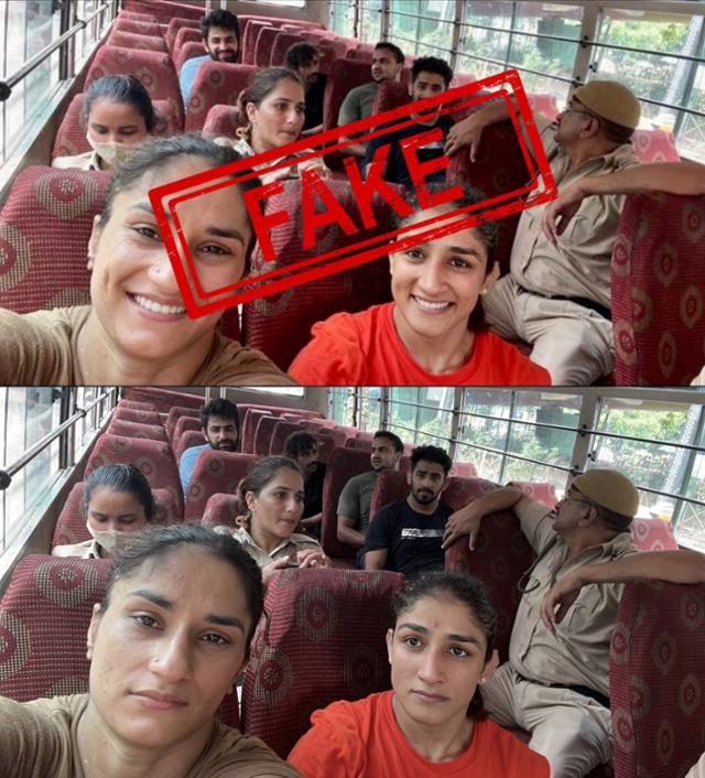 인도 레슬링계의 거물에 대한 성추행 혐의에 대해 항의 시위를 벌이다 체포된 여성 레슬러 비네시 포가트(왼쪽)와 상기타 포가트(오른쪽)가 호송 차량 안에서 찍은 셀카를 이들이 환하게 웃는 모습으로 수정한 '조작 사진'이 온라인에 퍼졌다. 이들과 함께 체포된 남성 레슬링 선수 바지랑 푸니아는 지난달 28일 트위터에 관련 사진을 올리고 가짜라고 밝혔다. 바지랑 푸니아 트위터 캡처