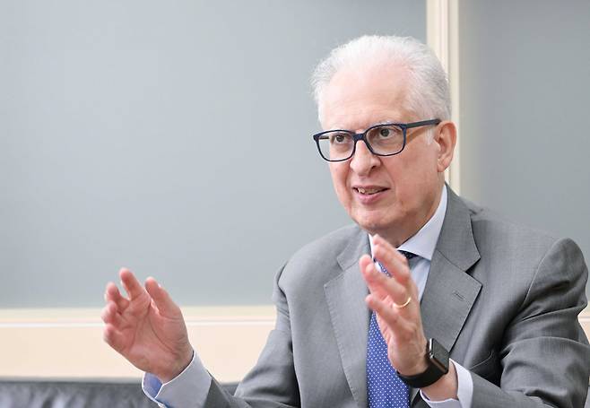 Italian Ambassador to South Korea Federico Failla speaks at the Italian Embassy in Yongsan, Seoul. (Lee Sang-sub/The Korea Herald)