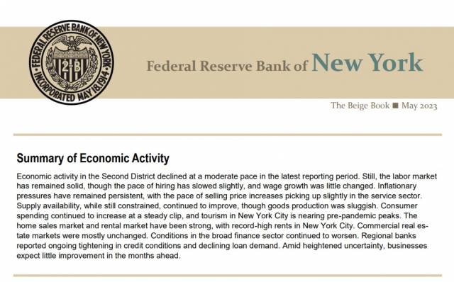 새로 나온 연준의 베이지 북. 이중 뉴욕 연은은 금융시장 상황이 지속적으로 나빠지고 있다고 보고했다. 연준