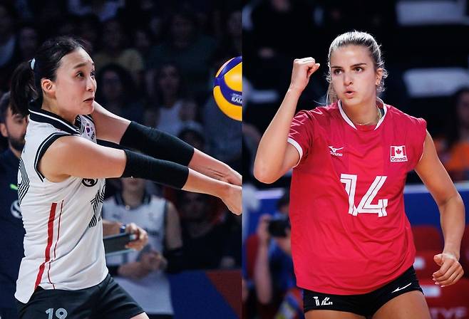 한국 여자배구 대표팀 표승주(좌)-캐나다 대표팀 하우 힐러리, FIVB&nbsp;
