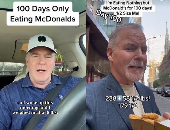 '100일간 맥도날드 음식만 먹기'에 도전한 케빈 맥기니스의 도전 첫날(왼쪽)과 마지막날 모습. 사진 맥기니스 틱톡=연합뉴스