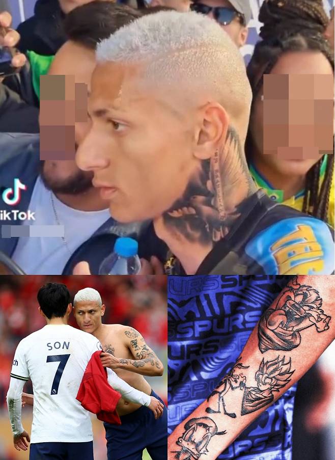 히샬리송이 토트넘에 이적한 뒤 부진한 성적을 냈다. 사진은 위부터 히샬리송의 새로운 비둘기 문신과 원래 있던 타투들. /사진=틱톡 캡처, 로이터