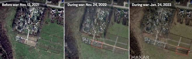 [서울=뉴시스] 러시아 남서부의 바킨스카야 공동묘지에서 무덤 수가 증가하고 있음을 보여주는 위성사진. 2023.06.02 (사진=NBC 홈페이지 갈무리) photo@newsis.com *재판매 및 DB 금지