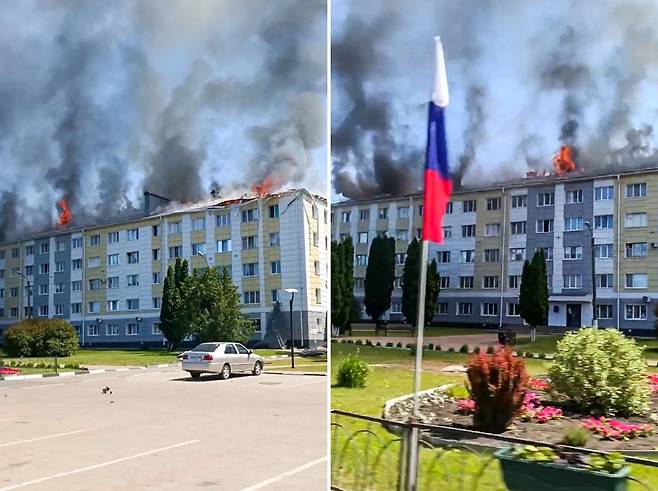 1일(현지시간) 러시아 서남부 벨고로드주 셰베키노에서 우크라이나 포탄에 직격탄을 맞은 학교 기숙사 건물이 불타 오르고 있다.러시아 국방부에 따르면 국경 지역에서 우크라이나 테러리스트 50여 명과 장갑 전투 차량 4대, 그라트 방사포 1대, 픽업트럭 1대 등이 파괴됐다. / 사진=타스 연합뉴스