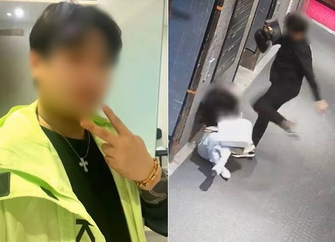 지난해 5월22일 부산 부산진구 서면 한 오피스텔 1층 복도에서 이씨가 쓰러진 여성 피해자를 발로 차며 폭행하는 모습. /뉴스1, 유튜브 채널 '카라큘라 탐정사무소' 영상