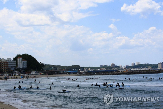 맑고 무더운 초여름 날씨를 보인 3일 강원 양양지역의 한 서핑 해변을 찾은 서퍼들이 파도타기를 즐기고 있다. 연합뉴스