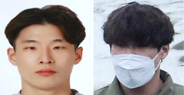 택시기사와 동거녀를 살해하고 시신을 유기한 혐의로 구속된 이기영의 증명사진(왼쪽 사진)과 경기 파주 공릉천변에서 현장검증을 하는 이기영의 1월 6일 모습. 한국일보 자료사진 연합뉴스