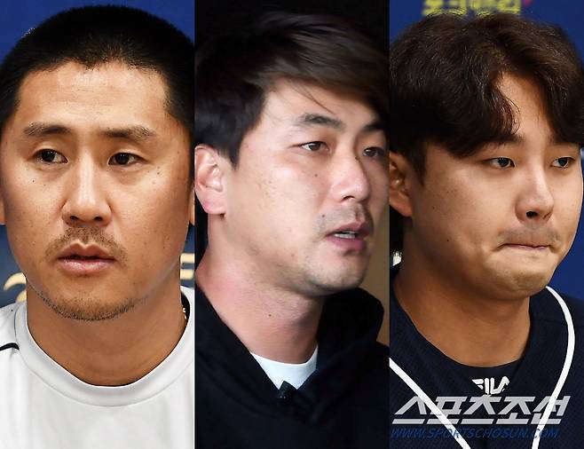 WBC 대회 도중 일본 현지에서 술자리를 가져 논란에 휩싸인 NC, 이용찬, SSG 김광현, 두산 정철원이 머리 숙여 사과하고 있다. 인천=정재근 기자 cjg@sportschosun.com 창원=박재만 pjm@sportschosun.com