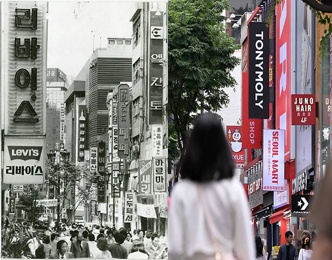 These two photos show a street scene in Seoul's Myeong-dong from the late 1980s and now, illustrating a notable shift in outdoor signage from Korean to English. (Lee Sang-sub/ The Korea Herald)