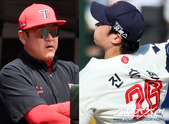 KIA 타이거즈 수석 코치를 맡고 있는 아버지 진갑용이 지켜보는 가운데 사직구장 마운드에 오른 아들 롯데 자이언츠 투수 진승현은 더 힘차게 공을 던졌다. 부산=박재만 기자 pjm@sportschosun.com