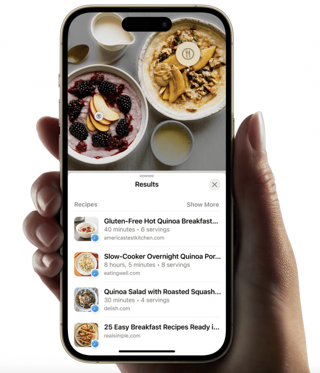 iOS17에는 사진을 띄우면 곧바로 요리 레시피를 소개해주는 기능이 추가됐다. (사진=애플)