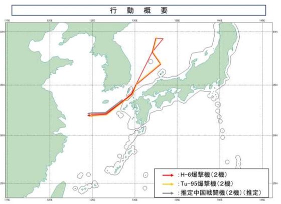 일본 통합막료감부(한국의 합동참모본부 격)가 6일 공개한 이날 중국과 러시아 군용기의 비행 궤적. 사진 일본 통합막료감부 홈페이지 캡처