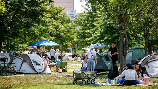 6일 오후 서울 영등포구 여의도한강공원을 찾은 시민들이 텐트를 치고 즐거운 시간을 보내고 있다./뉴시스