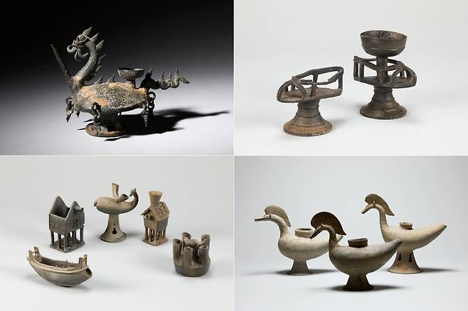 인물, 동물, 사물을 본떠 만든 다양한 상형토기들. 왼쪽 위부터 시계방향으로 거북 몸체에 용 머리와 꼬리를 한 ‘상서로운 동물모양 토기’(보물), ‘신발(짚신) 모양 토기’, ‘새 모양 토기’, 가야지역인 함안 말이산 고분에서 출토된 각종 모양의 토기 5점(보물). 중앙박물관 제공