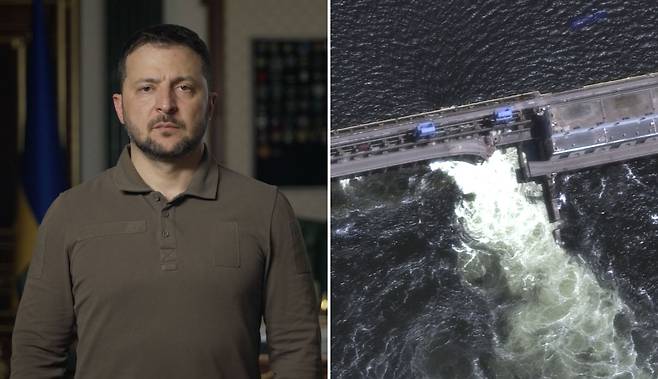 젤렌스키, 댐 폭발에 “영토 수복 영향 無…러 배상금만 늘 뿐” / 사진=볼로디미르 젤렌스키 우크라이나 대통령(왼쪽·우크라이나 대통령실), 카호우카 댐이 파괴된 모습(막서 테크놀러지)