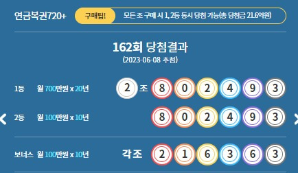 162회 연금복권 당첨번호.(연금복건 갈무리)