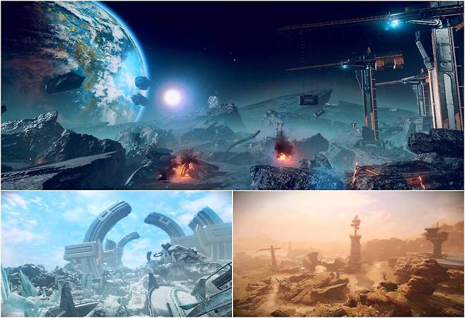 달의 '자리스 유적지대(위)'와 해왕성의'갈라테아 빙하지대(아래 왼쪽)', 화성의 '무어랜드(아래 오른쪽)'.