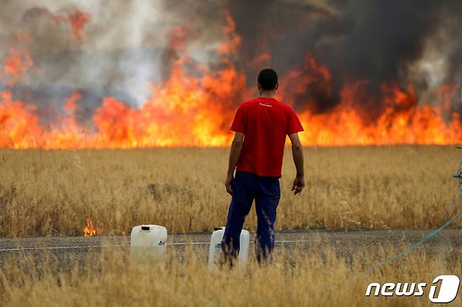 18일(현지시간) 스페인 사모라 지방에서 한 양치기가 올 들어 두 번째 폭염을 겪고 있는 타바라의 밀밭을 태우고 있는 불길을 지켜보고 있다. ⓒ 로이터=뉴스1 ⓒ News1 유민주 기자