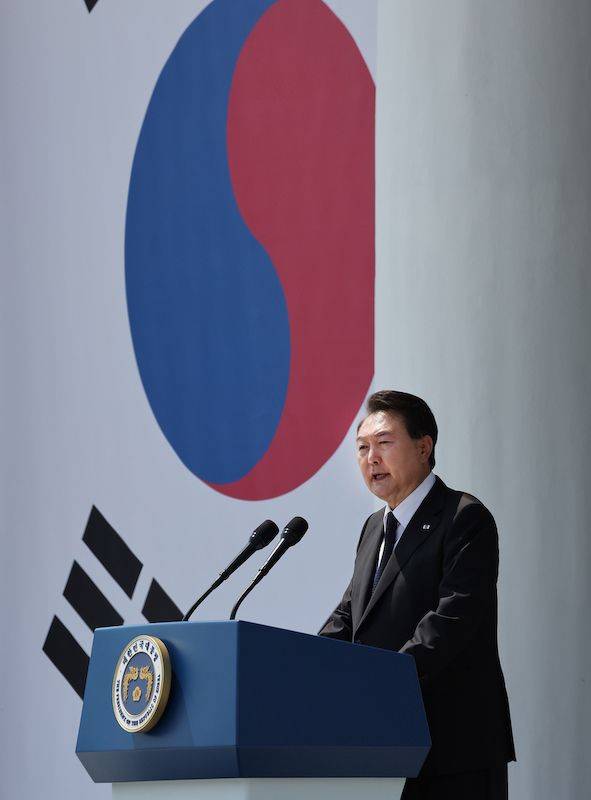 지난 6일 국립서울현충원에서 진행된 제58회 현충일 추념식에서 윤 대통령이 추념사를 하고 있다.ⓒ 연합뉴스