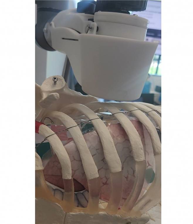 의료용 로봇 '맥스'가 자력을 이용해 신체 외부에서 신체 내부의 내시경을 움직이고 있다. 홍콩=박정연 기자 hesse@donga.com