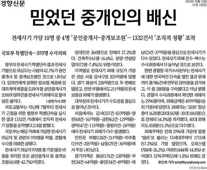 ▲9일 경향신문 1면