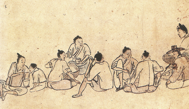 조영석의 ‘새참’(18세기, 종이에 수묵담채, 20×24.5㎝, 개인 소장)