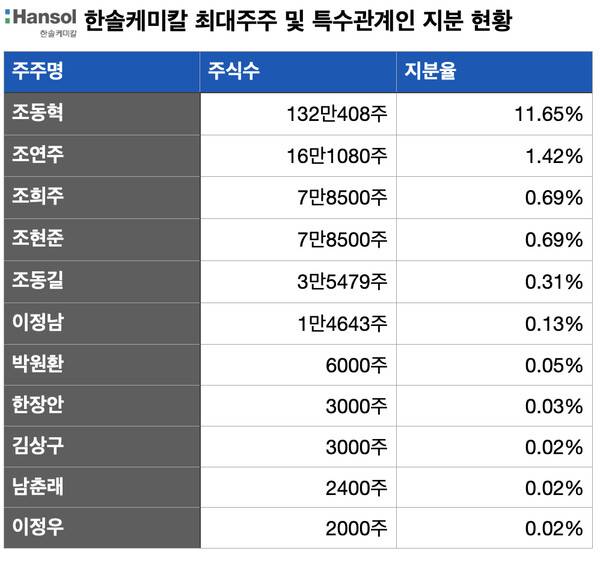올해 1분기 한솔케미칼 최대 주주 및 특수관계인 지분 현황. (자료=전자공시시스템)
